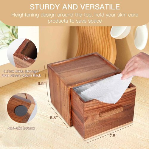 Disposable Face Towel Holder, Acacia Wooden Face Towel Container Compatible with Clea Skin Club Clean Towels XL, Drawer Storage Box, Makeup Remover Organizer for Vanity, Bathroom（no face Towel）