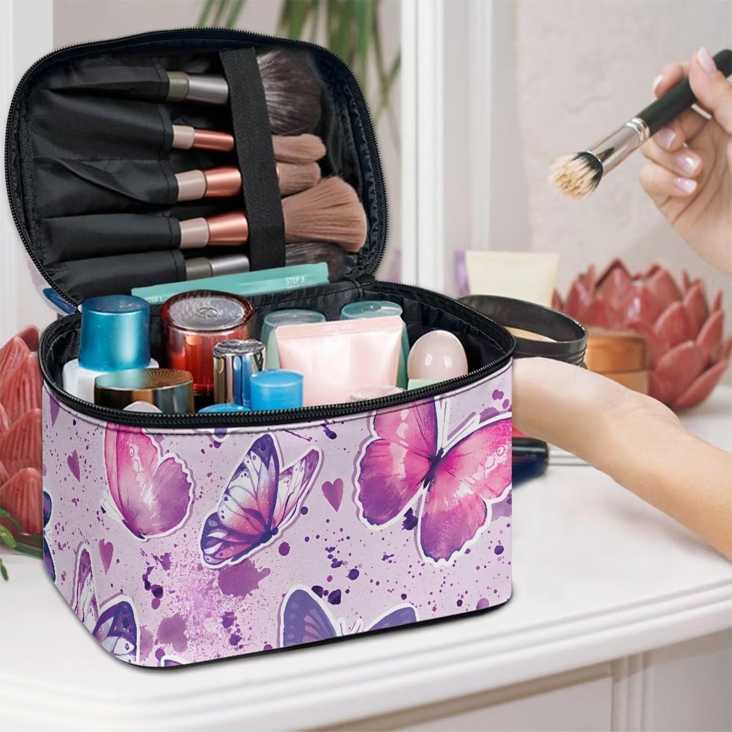 doginthehole Butterfly Makeup Bag for Teen Girls Portable Cosmetic Bag Large Capacity Toiletry Bag Makeup Organizer Bag with Top Handle Travel Accessories