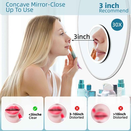 JJhxr 30X Magnifying Mirror with Lights, 30x Magnified Mirror with 3 Color Lights Adjustable Brightness, Rechargeable 6inch Travel Magnification with 3 Suction Cups - Includes Tweezers & Scissors