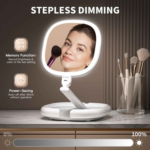 Beautifive 6.3” Makeup Mirror with Light and Magnification, 10X/1X Light Up Makeup Mirror Lighted Make Up Mirror with Adjustable Height Double Sides Folding Magnifying Mirror with Light