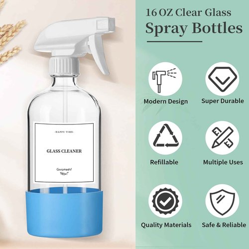 GIVAMEIHF 2 Pack Glass Spray Bottles with Silicone Sleeve,16oz Clear Glass Spray Bottles Refillable Empty Bottle with Adjustable Nozzle,Spray Bottle for Essential Oils,Cleaning Solutions,Pets,Hair