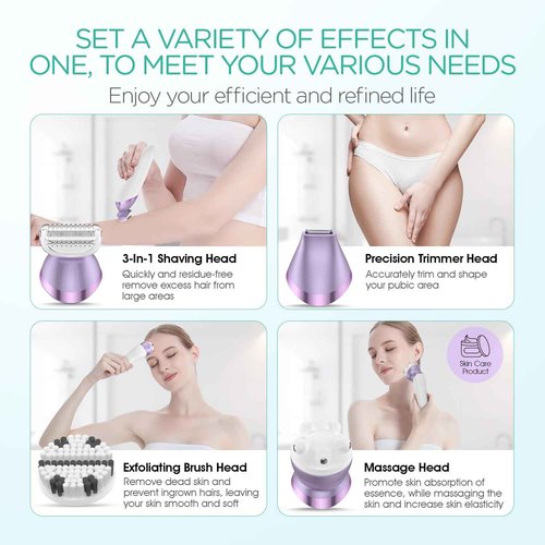 VOYOR Electric Razors for Women 4 in 1 Bikini Trimmer, Foil Shaver for Women 4 Replacement Heads for Body, Pubic Hair Trimmer, Cleansing, Massage 2 Adjustable Speeds Rechargeable Shaver ES501 (Purple)
