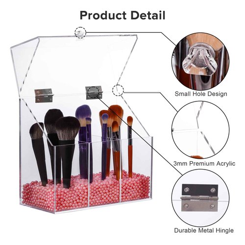 LOHRYVIO Acrylic Makeup Brush Holder with Lid - Clear Cosmetic Make up Brush Organizer and Storage Box with Dustproof Cover for Vanity - Large Capacity 3-Slots Container for Brushes (White)