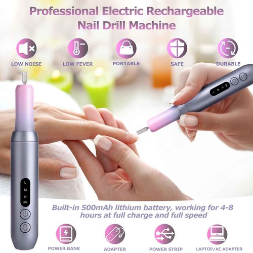 EVILTO Electric Nail Files Cordless, Professional Nail Drill LCD Display with 12 Bits 30000RPM Rechargeable Manicure Pedicure EFile for Gel Nail Polish Acrylic Nails Thick Toenails Removal, Grey Pink