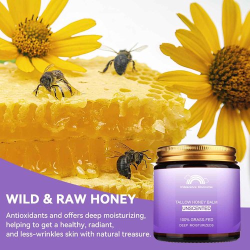 Beef Tallow for Skin, Hydrating Tallow and Honey Balm, Nourishing Grass-Fed With Honey Moisturizer – Natural Skincare Tallow Balm for Dry, Sensitive, or Irritated Skin- Unscented-4oz