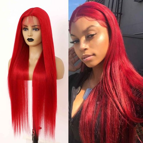 TaBeWay Red Colot Straight Synthetic 13x4 T-part Wigs with Baby Hair Glueless Pre-plucked Natural Hairline Synthetic Lace Front Wigs for Women 32inch