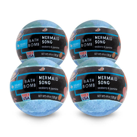 Nature's Beauty Mermaid Song, Seaberry & Jasmine Scent Bath Bomb for Kids Multi-Pack - Natural Hand Crafted, Non-Staining, Fun Bubbly Fizzy Spa Bomb, Made w/Coconut Oil + Witch Hazel, 5.5oz (4 Pack)