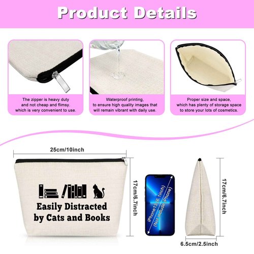 Cat Lover Gifts Book Lover Gift for Women Makeup Bag Cat Mom Gift Cat Bookworm Themed Cosmetic Bag Birthday Gift for Girls Library Worker Gift Valentines Day Graduation Gift Travel Cosmetic Pouch