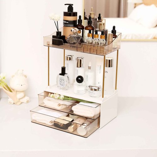 Fengligoo Elegant 2-Tier 2-Drawer Bathroom Countertop Organizer, Multi-Purpose Makeup & Skincare Organizer, Champagne Gold