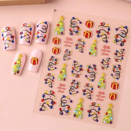 IDDFEVE 2 Sheets Embossed Christmas Nail Stickers, 5D Colorful Light String Self-Adhesive Nail Art Decals for Women Girls DIY Winter Xmas Tree Manicure