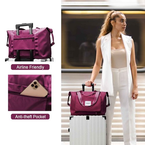 WOOMADA Foldable Travel Duffel Bag, Weekender Bags for Women, Tote Bag with Expandable Space, Carry on bags for airplanes with Wet Pocket & Trolley Sleeve, Gym Bag for Women, Lightweight (purple)