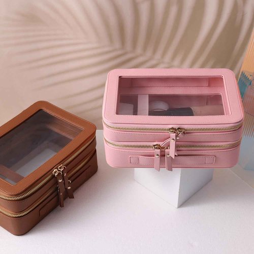 SANHECUN Clear Travel Toiletry bag Toiletry Case Carry on Travel Accessories Bag Makeup Bag Dimensions | LxWxH:9” x 6” x 4.2” (Brown, SHC-TL-2)