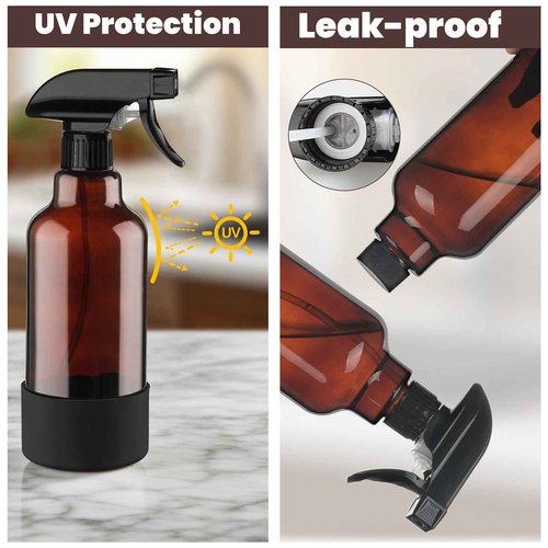 Glass Amber Spray Bottles with Silicone Sleeve, 2 Pack 16.9oz Refillable Containers with Adjustable Spray Nozzles, Empty Spray Bottle for Cleaning Solutions, Hair, Plants, Essential Oils (Black+Grey)