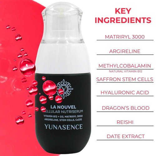 YUNASENCE LA NOUVEL Cellular Nutri Serum with Vitamin B12+D3, Matrixyl 3000, Argireline, Stem Cells & CoQ10, 1oz Antiaging, firming, lifting.