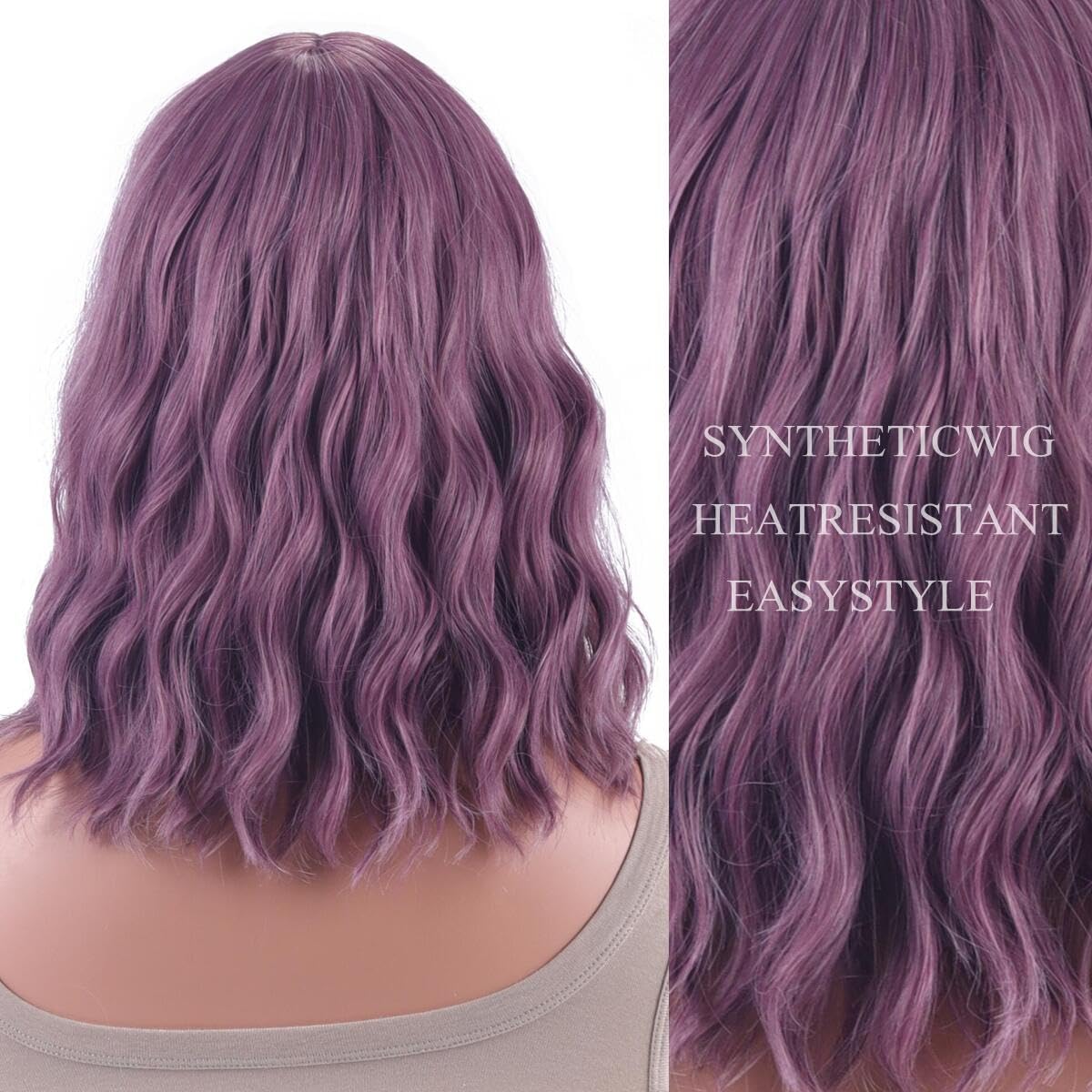 AneShe Purple Wig Short Purple Wavy Bob Wig for Women Curly Synthetic Hair Wig With Air Bangs Shoulder Length Colored Costume Wigs for Party Cosplay (14" Taro Purple)