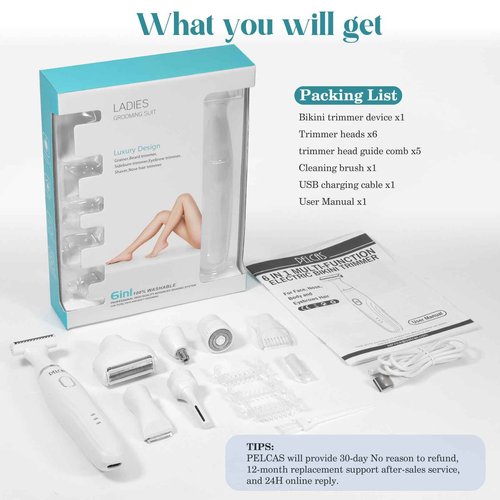 PELCAS Bikini Trimmer for Women Kit 6 in 1 Electric Shaver, Cordless Razors, Nose Hair Trimmer, Shaver for Women & Men Pubic Hair, Private Area, Legs, Face, Nose, Eyebrow, Body Hair Removal
