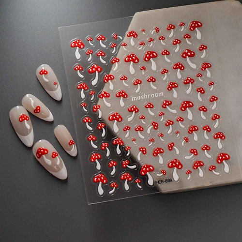 Mushroom Nail Art Stickers Decals 5D Embossed Mushroom Nail Decals Spring Nail Stickers Red Self-Adhesive Nail Art Supplies Cute Summer Nail Art Accessories for Women DIY Manicure Decoration 1Pcs
