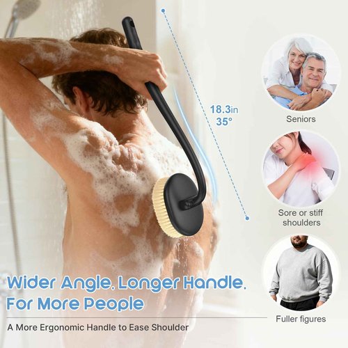 Flexible Up-Down Movement Back Scrubber for Shower for Men & Women, 3 Detachable Back Brush Heads Includes Silicone Body Scrubber, Sponge Bath Brush & Bristle Shower Brush, Wet/Dry Brush, Black