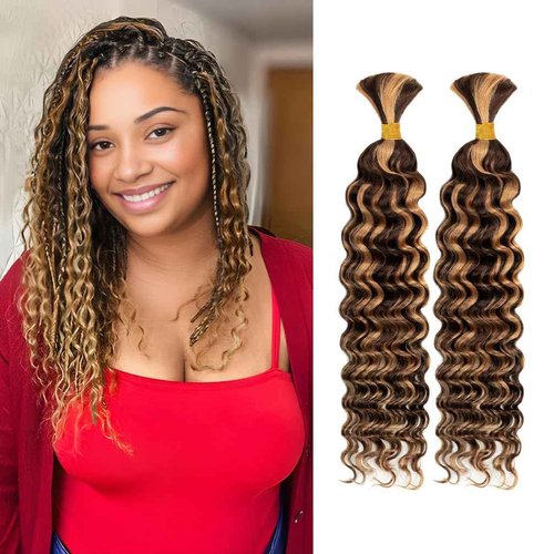 Human Braiding Hair, 2 Bundle 100g 16 Inch Boho Braids Human Hair 12A Deep Wave Bulk Brazilian Virgin No Weft Wavy Hair Extension for Boho Knotless Balayage Brown to Blonde