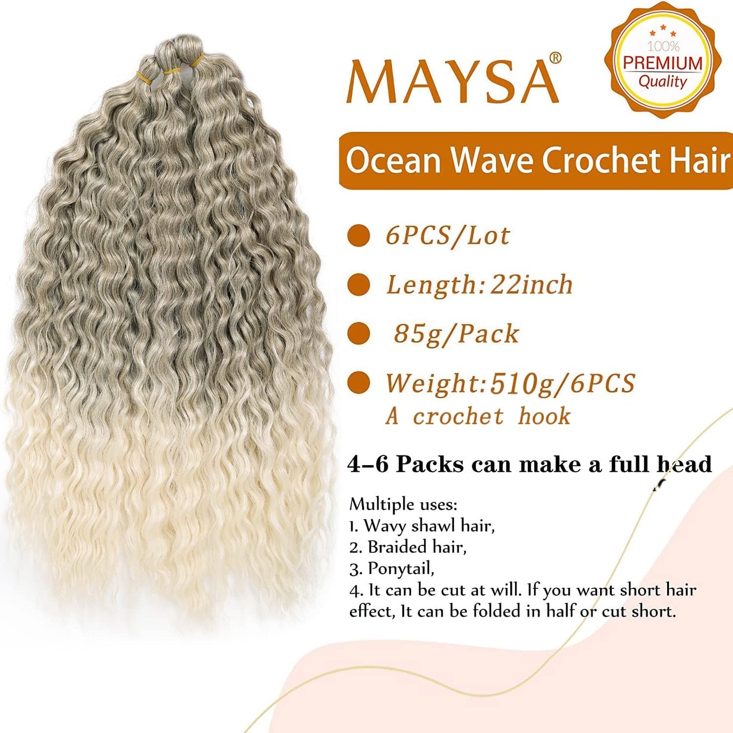 MAYSA Ocean Wave Crochet Hair Extensions, Cyan Brown Curly Braiding Crochet Hair, 22 Inch 6Packs Ombre Crochet Hair Extensions for Women #10/60