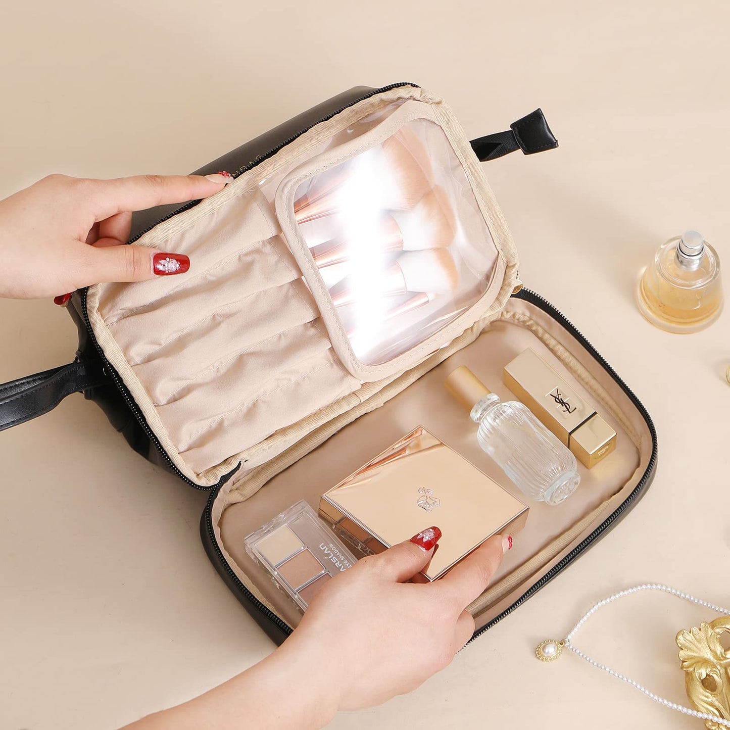 bagINBAG QIANPA Double Layer Travel Makeup Bag with Handle，Cosmetic Bag with Brush Compartment for woemn, Large Capacity Makeup Organizer Bag Waterproof