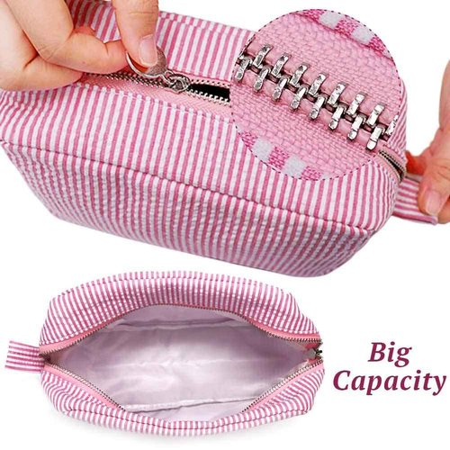 Seersucker Cosmetic Bag, Large Makeup Pouch Travel Toiletry Case with Zipper Closure Seersucker Cosmetic Organizer for Women Girls