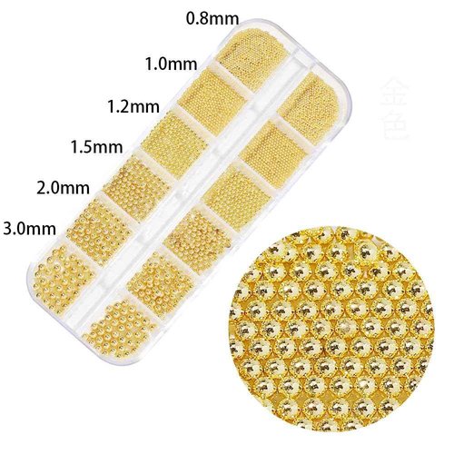 0.8mm Gold Nail Charms Caviar Beads for Nails 6 Sizes Mini Small Stainless Steel Beads Nails Art Decorations Gun Grey DIY Tool Nail Studs Accessories Gold Charms for Nails (Light Gold)