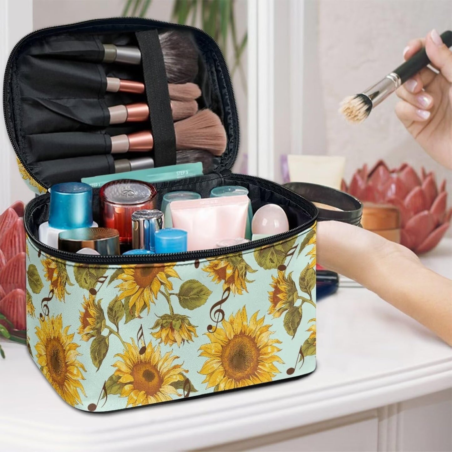 Psaytomey Travel Toiletry Bag Sunflower Music Printed Makeup Brush Bag Case Multifunctional Cosmetic Organizer Durable Makeup Pouch with Handle and Divider