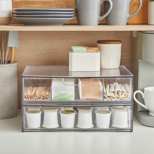 STORi STAX Plastic Stackable Organizer Drawers (Set of 2) Clear | 12.5" Wide | Set Includes One Open Drawer & One Divided Drawer | Organize Office Desk Accessories & Sort Paper | Made in USA