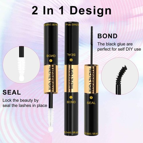 MERETON Lash Clusters Bond and Seal Glue Waterproof 48-72 Hours Long-Lasting, 2-in-1 Strong Hold Lash Glue for DIY Eyelash Extensions at Home （Black 5.5 ml / 0.18 oz）
