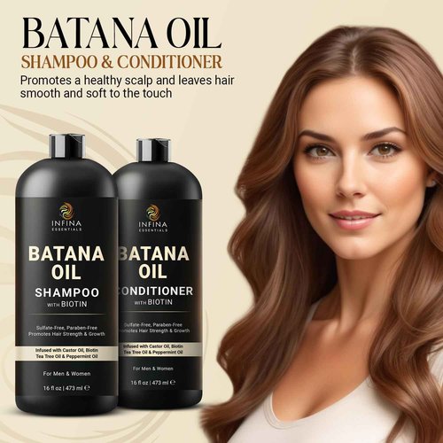 INFINA ESSENTIALS Batana Oil Shampoo and Conditioner Set | 16 fl oz Each | with Biotin & Tea Tree | Moisturizing, Strengthening & Nourishing Formula | Promotes Hair Growth and Thickness