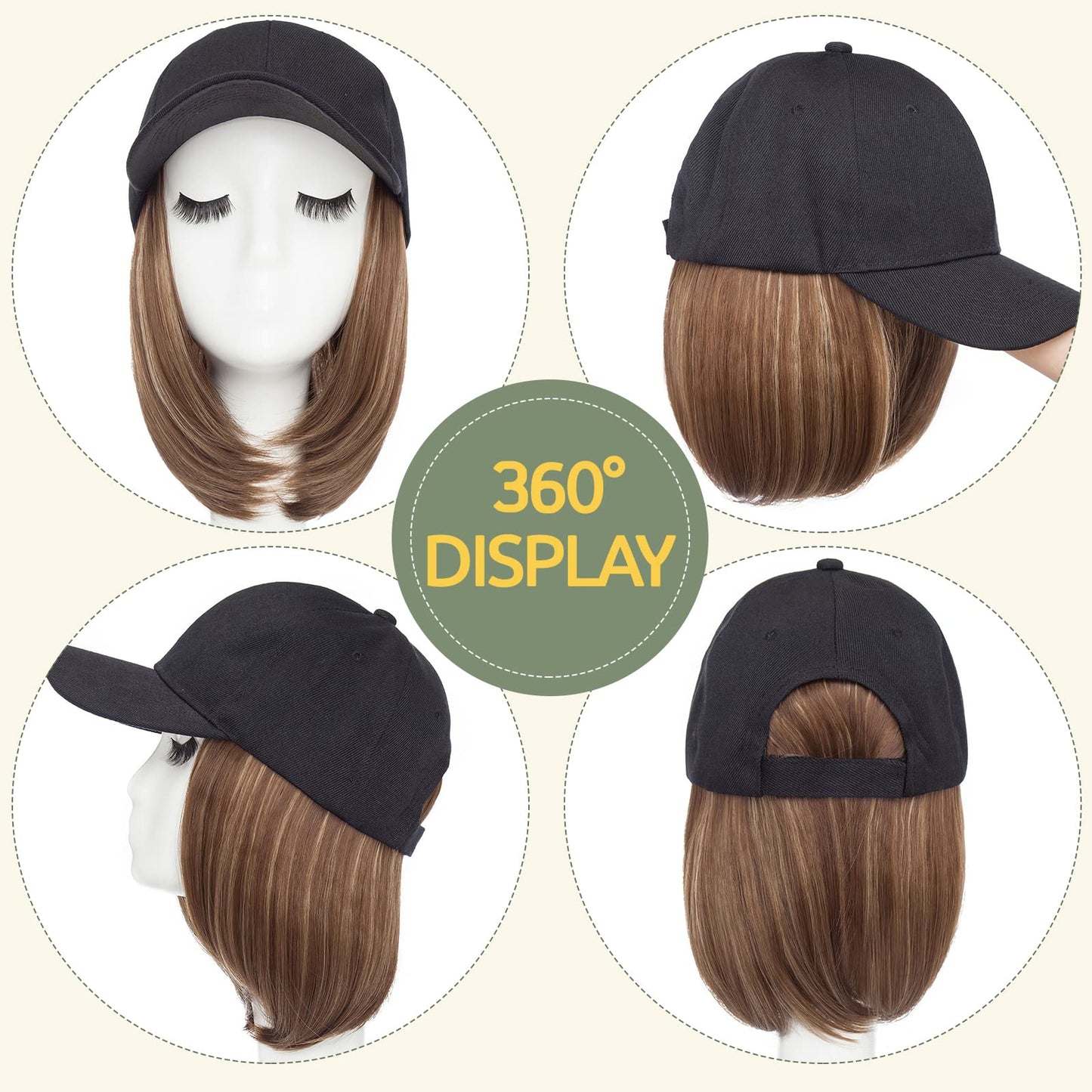 S-noilite 6" Baseball Hats with Hair Attached Short Bob Hairstyle Baseball Cap Wig with Hair Extensions Adjustable Straight Baseball Hat Bob Hair Wig for Women(6in, 10P22T#)