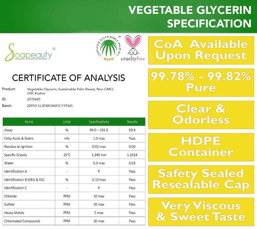 Soapeauty VEGETABLE GLYCERIN USP Grade Non-GMO Natural | Cosmetic Products, Skin, Hair Care, Soap Making, Household Uses 32 oz