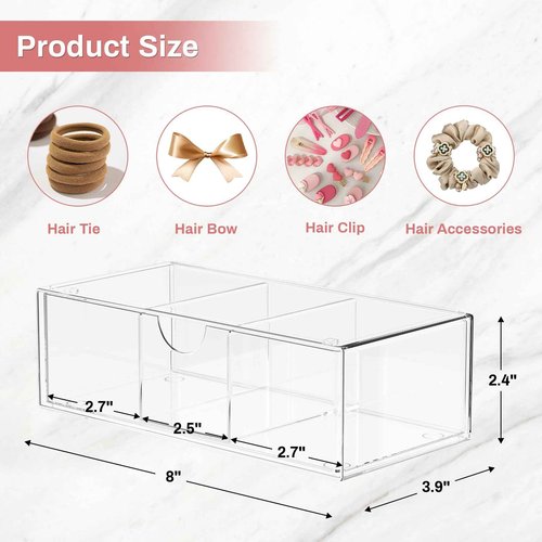 Hair Accessories Organizer for Girls, Clear Acrylic Hair Bow Tie Clip Scrunchie Holder with Removable Divider, Cute Small Stackable Storage Drawer Container Caddy Box for Bathroom Vanity Countertop