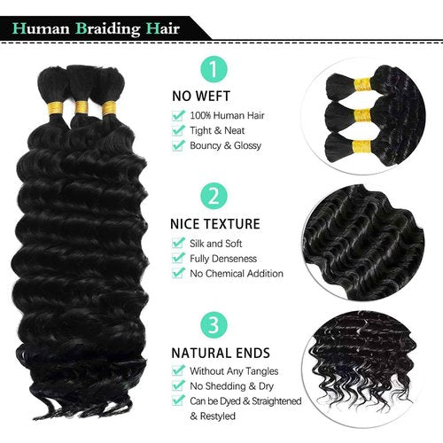 MUXFILLA 18 Inch Human Boho Braiding Hair, Deep Wave Bulk Hair Extension 100g Knotless No Weft 100% Virgin Hair 3 Bundles/Pack, Natural Black