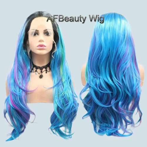 AFBeauty Lace Front Wig Highlight Blue Purple Colorful Wavy Ombre Wigs for Women Lace Frontal Pink Green Wig Synthetic Heat Resistant Natural Loose Wave Glueless Lace Wigs 24 Inch Daily Party Cosplay