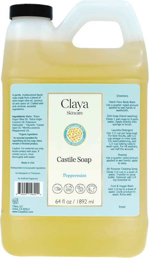 Claya Liquid Castile Soap – Organic Ingredients, Biodegradable, Gentle for Sensitive Skin and Versatile Use (64 fl oz, Peppermint)