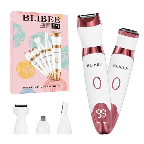 BLIBEE Bikini Trimmer for Women, LED Display Electric Razors for Women, 5-in-1 Electric Shaver, Rechargeable Painless Pubic Hair Trimmer for Legs, Underarms, Face & Sensitive Skin (Purple)