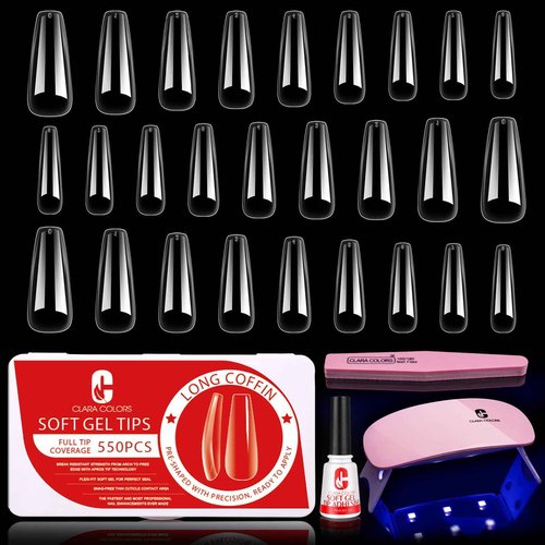 Clara Colors Nail Tips and Glue Gel Kit,550pcs Full Cover Fake Nails and Nail Glue Kit with LED Nail Lamp,Long Coffin Artificial False Nails Soft Gel Nail Kit for Acrylic Nail-9 Size