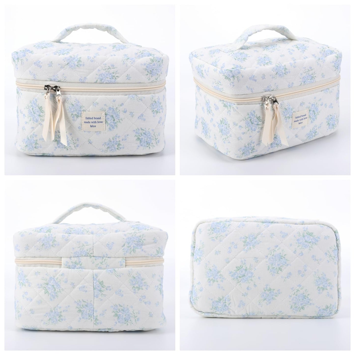 Lushandy 3 Pcs Floral Makeup Bag Quilted Cosmetic Bag Set for Women Cute Cotton Coquette Aesthetic Makeup Bag Large Travel Toiletry Organizer Bag