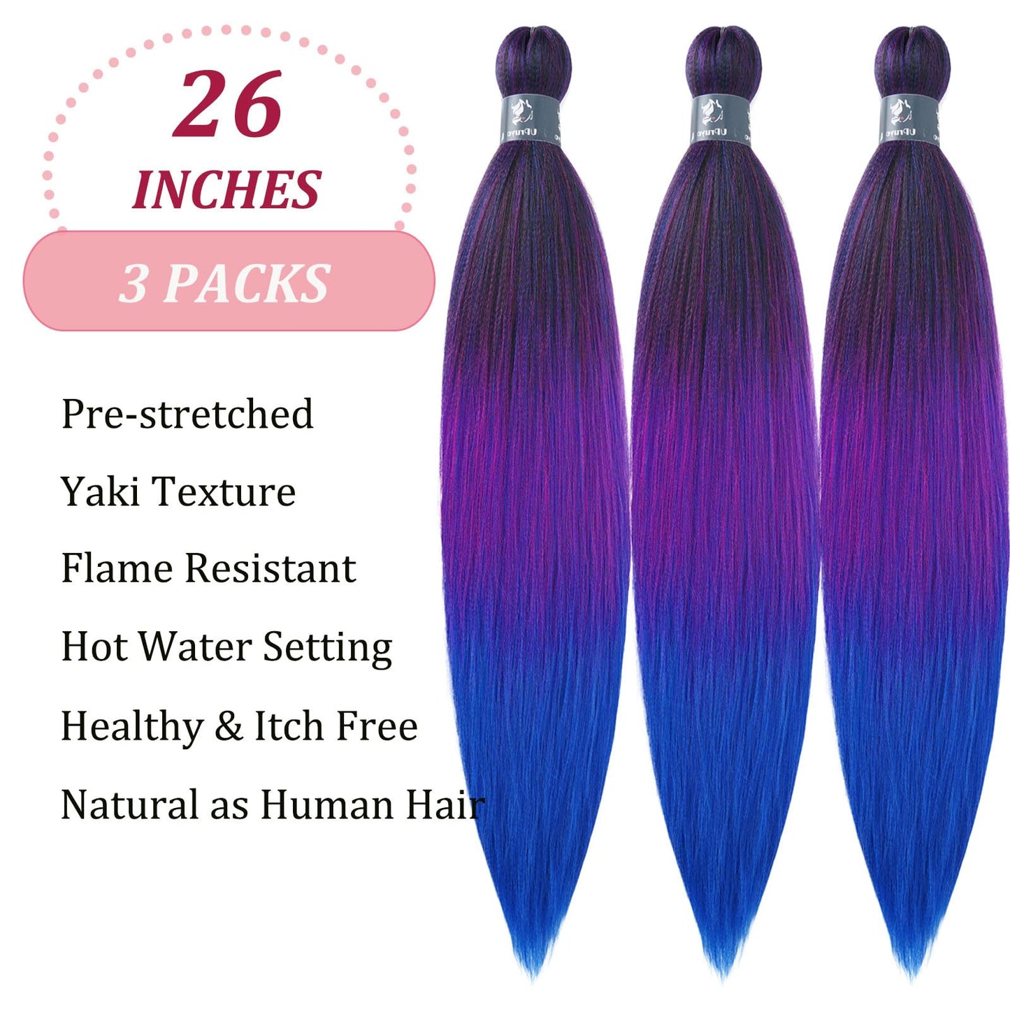 UPruyo Pre Stretched Braiding Hair 1b Pink Blue Ombre Braiding Hair Pre Stretched Synthetic Hair Extensions for Braiding Box Braids Yaki Knotless Hypoallergenic Prestretched Braiding Hair 26 inch