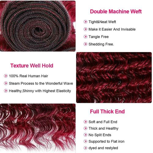 Hydtxc Curly Bundles Human Hair 99J Burgundy 8 10 12 Inch Deep Wave Human Hair Bundles Wine Red Unprocessed Brazilian Virgin Hair Double Weft Quick Weave for Black Women