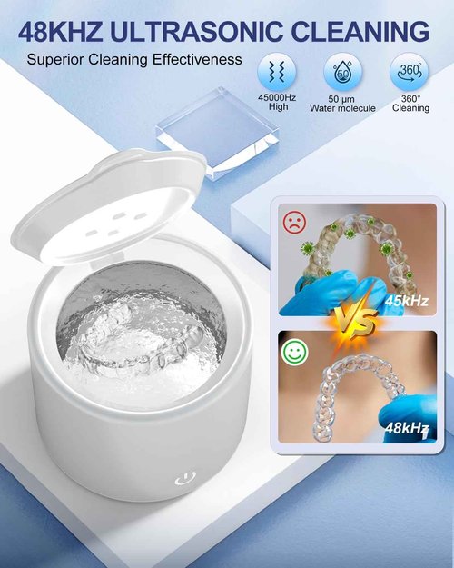 Ultrasonic Retainer Cleaner, 48kHz Denture Cleaner, Retainer Cleaning Machine for Denture, Retainer, Aligner, Jewelry, Mouth Guard, Brace, Toothbrush, Pacifier, Razor, 3 Modes Jewelry Cleaner-White