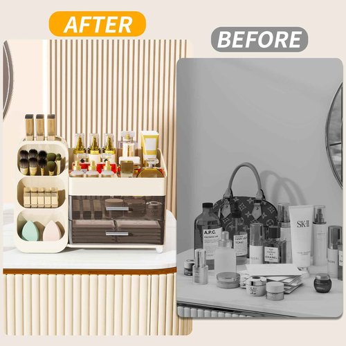 Dimcapo Makeup Organizer for Vanity,Vanity Organizer with Drawers and Brush Holder,Bathroom Make Up Organizer Countertop,Large Cosmetic Organizer for Skincare, Perfume,Lipsticks,Nail Polish (Cream)