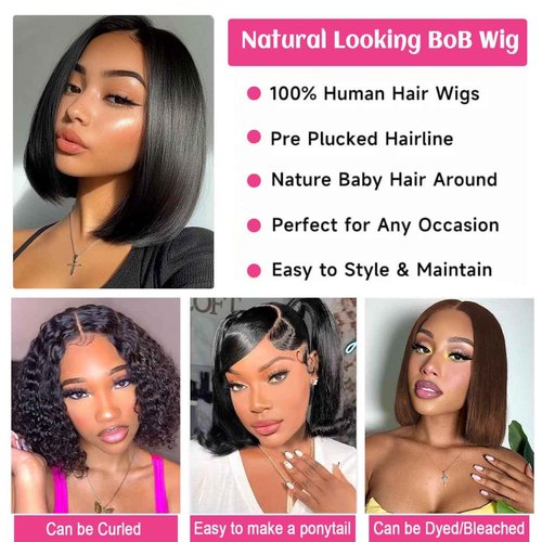Smabuity Bob Wigs Human Hair 13x4 HD Lace Front Bob Wig Human Hair Short Straight Frontal Glueless Wigs for Black Women Pre Plucked with Baby Wig Side Part 180 Density 12 Inch D