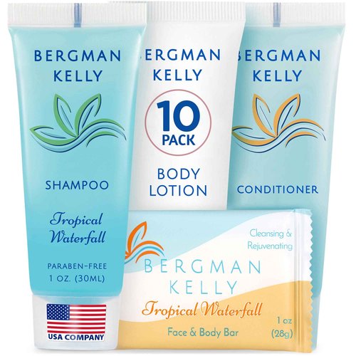 Bergman Kelly Hotel Toiletries Bundle (Tropical Waterfall, 1 oz each, 40 Pcs) 4-Piece Set: 10 Rectangular Bar Soap, 10 Shampoo, 10 Conditioner & 10 Body Lotion - Bulk Mini Guest Amenities Supply