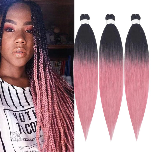 FYRLNA 3 Packs 30 Inch Pre Stretched Braiding Hair High Temperature Synthetic Fiber Pre Stretched Ombre Braiding For Crochet Twist Braids (30 Inch (Pack of 3), black to rouge pink)