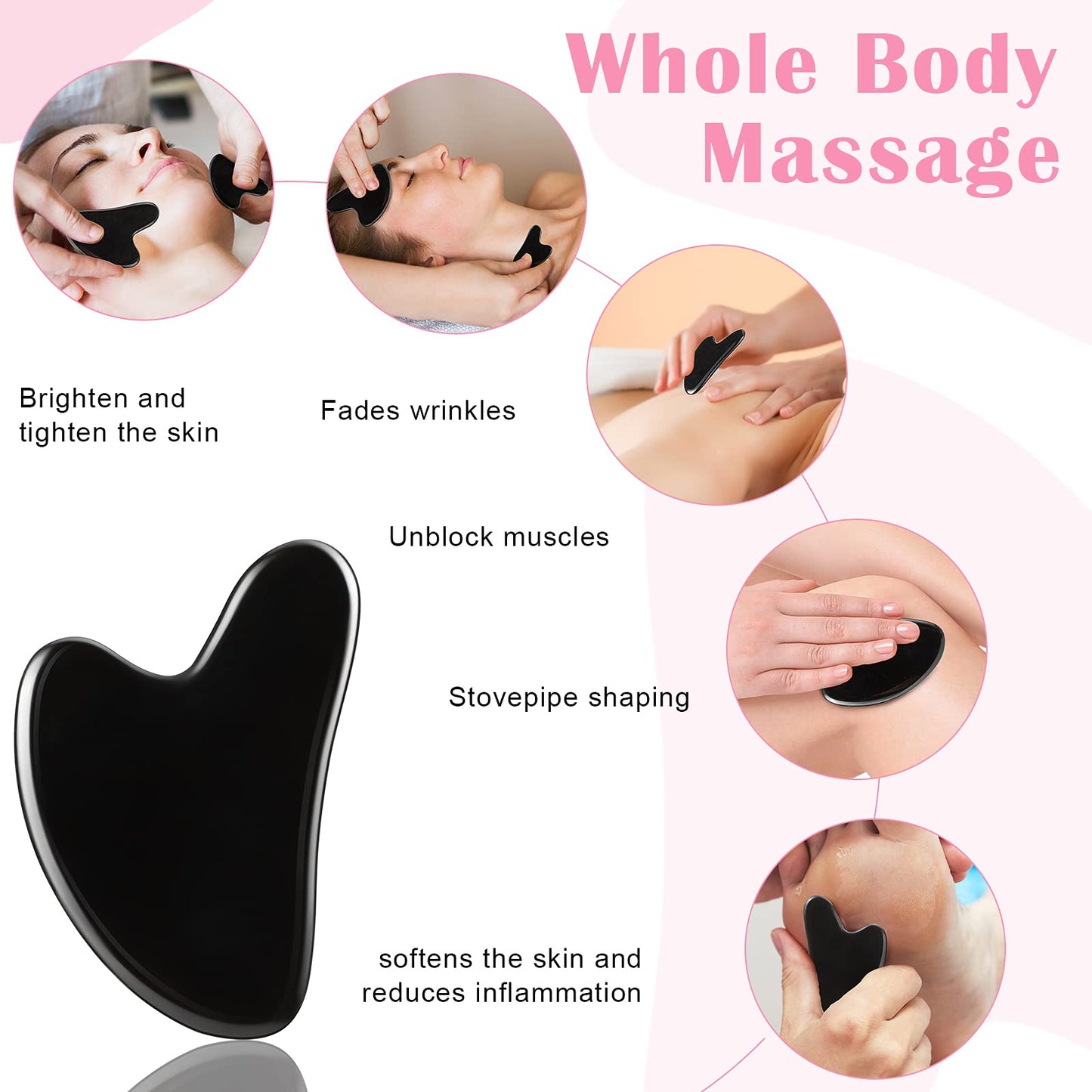 3 Pieces Gua Sha Facial Tool Natural Resin Stone Gua Sha Board Scraping Facial Massage Tool Gua Sha Scraping Massage Tool for Face, Skin and Body Muscle Relaxing Tool (Pink, Dark Green, Black)