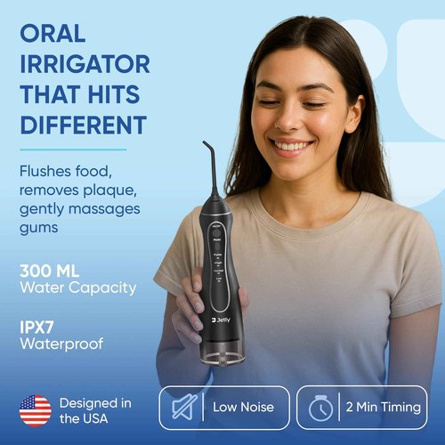 JETLY Water Dental Flosser Teeth Pick Cleaner: Travel Cordless Oral Irrigator 300ML Capacity Portable Rechargeable IPX7 Waterproof Electric Flossing Machine for Teeth Cleaning (Black)