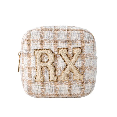 RSRSLEII Small Medicine Bag for Travel, Personalized RX Chenille Letters Checkered Pouch for Women and Girls, Cute Meds Drug Makeup Bags with Zipper (01Beige Checkered)